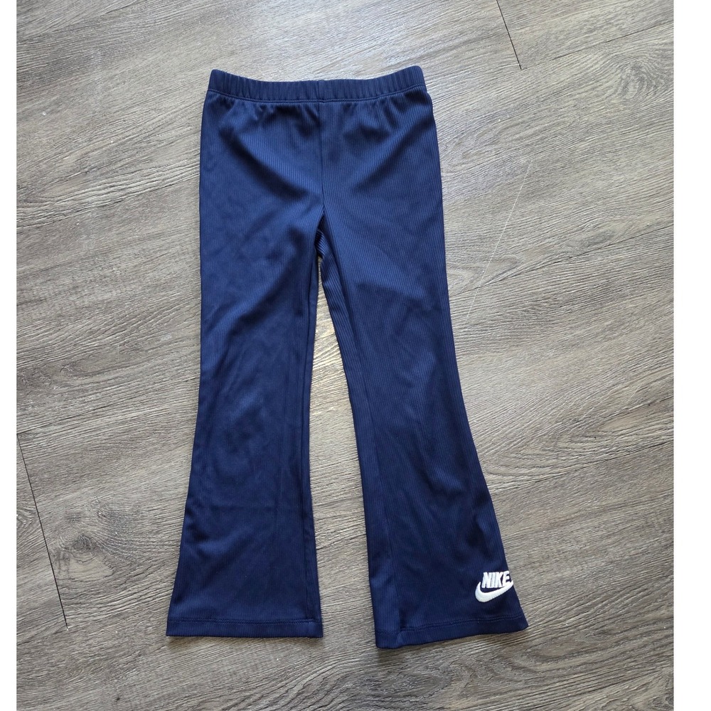 Nike Flared Pants Kids Size 5/6 Navy Blue Ribbed Logo Leggings